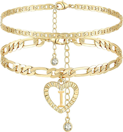 YANODA Initial Ankle Bracelets for Women 14K Gold Plated Layered Figaro Chain Letter Initial Anklets Handmade Layered Heart Ankle Bracelets Personalized Gifts for Women Teen Girls Apparel & Accessories > Jewelry > Anklets YANODA I  
