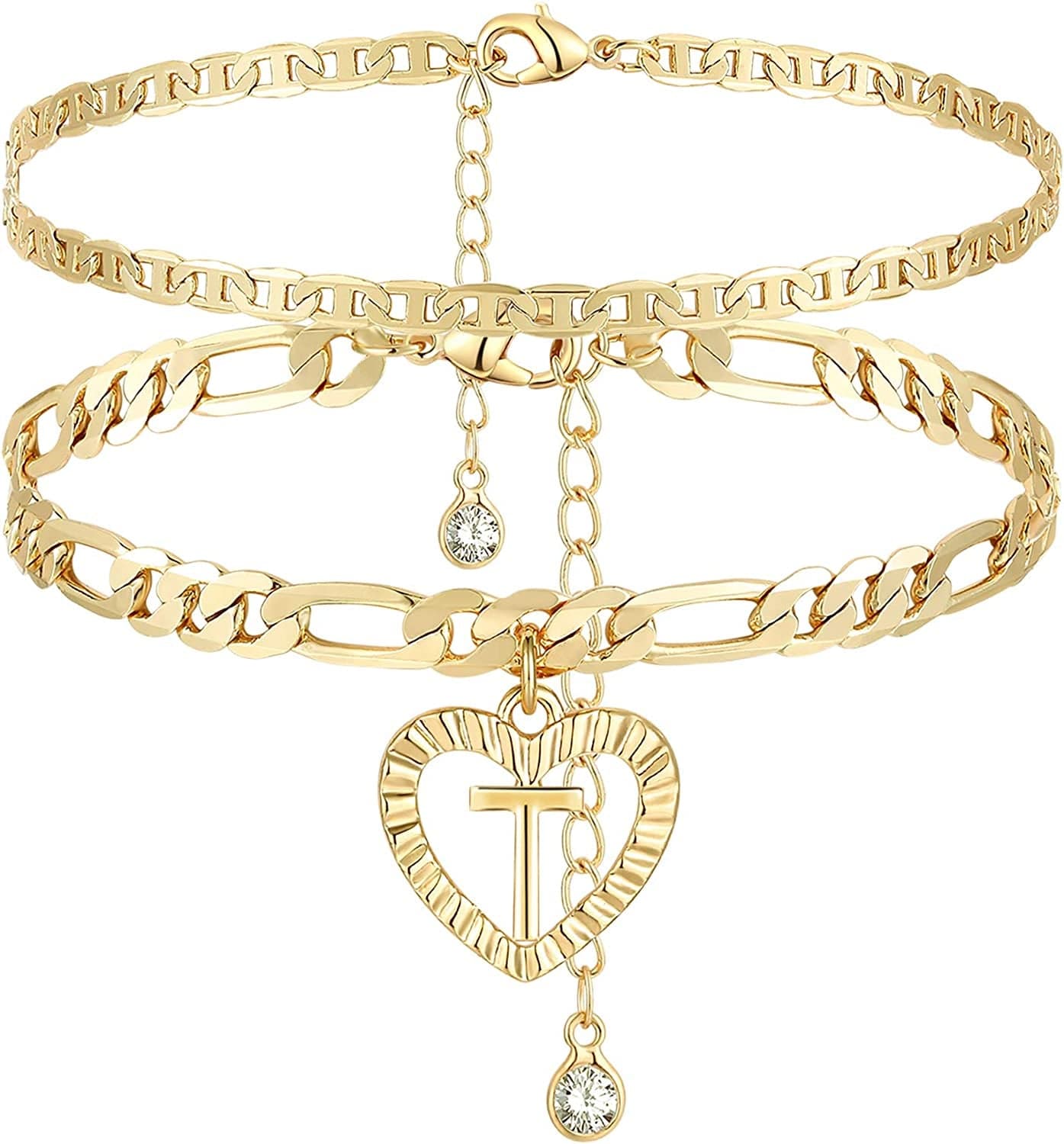 YANODA Initial Ankle Bracelets for Women 14K Gold Plated Layered Figaro Chain Letter Initial Anklets Handmade Layered Heart Ankle Bracelets Personalized Gifts for Women Teen Girls Apparel & Accessories > Jewelry > Anklets YANODA T  