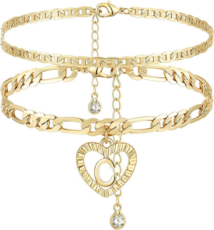 YANODA Initial Ankle Bracelets for Women 14K Gold Plated Layered Figaro Chain Letter Initial Anklets Handmade Layered Heart Ankle Bracelets Personalized Gifts for Women Teen Girls Apparel & Accessories > Jewelry > Anklets YANODA C  