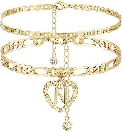 YANODA Initial Ankle Bracelets for Women 14K Gold Plated Layered Figaro Chain Letter Initial Anklets Handmade Layered Heart Ankle Bracelets Personalized Gifts for Women Teen Girls Apparel & Accessories > Jewelry > Anklets YANODA N  