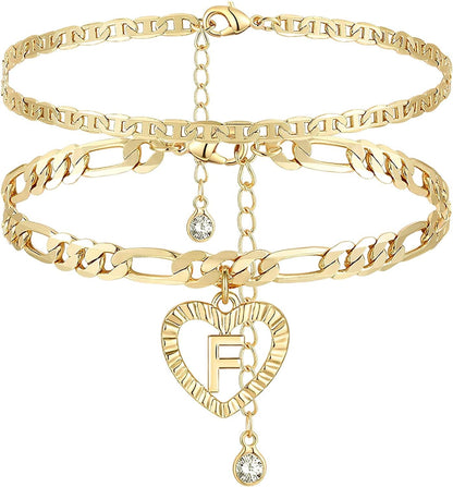 YANODA Initial Ankle Bracelets for Women 14K Gold Plated Layered Figaro Chain Letter Initial Anklets Handmade Layered Heart Ankle Bracelets Personalized Gifts for Women Teen Girls Apparel & Accessories > Jewelry > Anklets YANODA F  