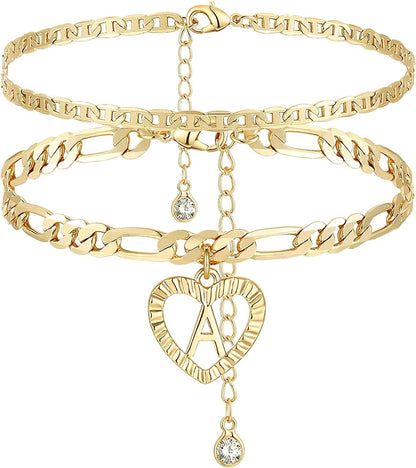 YANODA Initial Ankle Bracelets for Women 14K Gold Plated Layered Figaro Chain Letter Initial Anklets Handmade Layered Heart Ankle Bracelets Personalized Gifts for Women Teen Girls Apparel & Accessories > Jewelry > Anklets YANODA A  