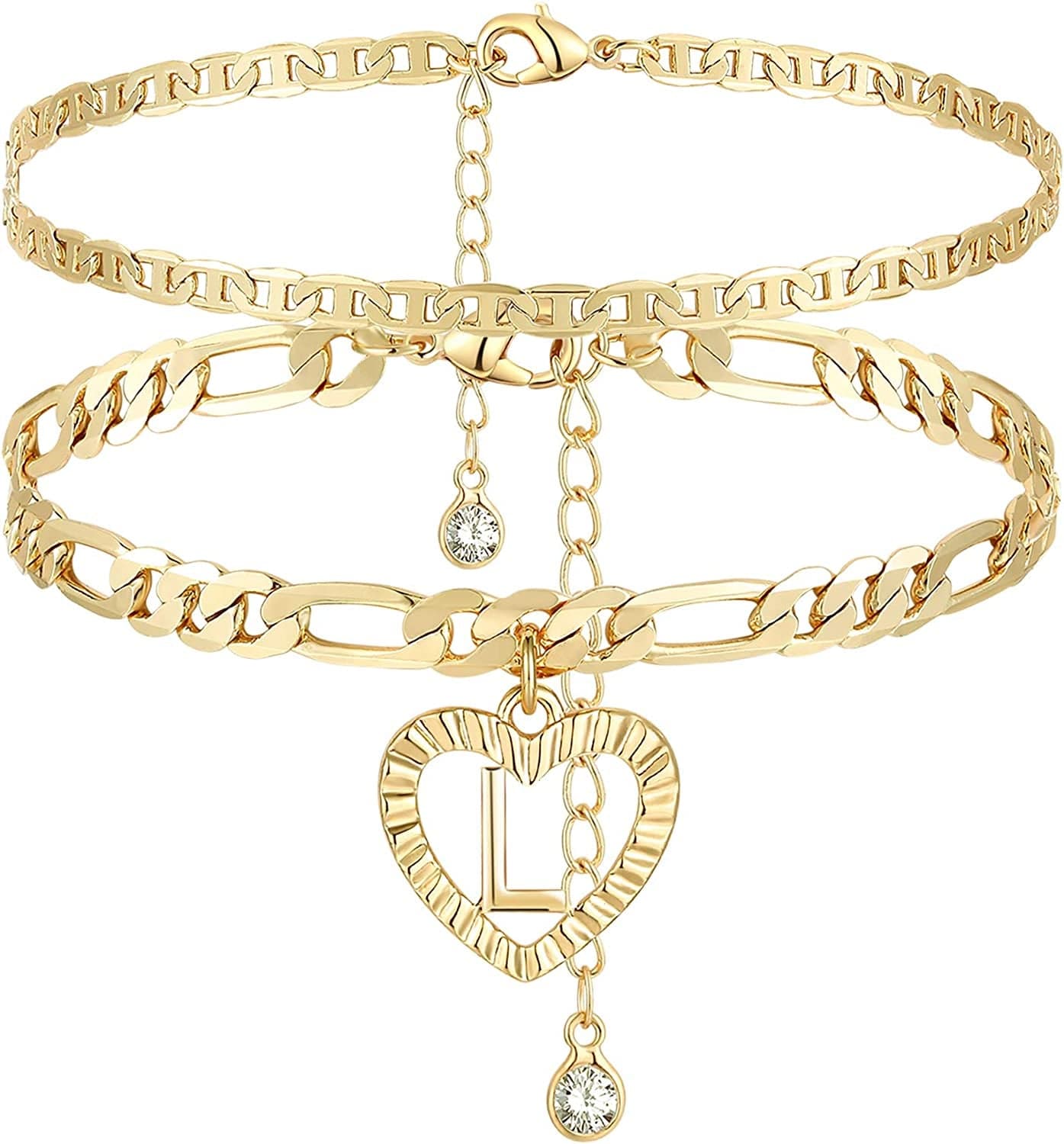 YANODA Initial Ankle Bracelets for Women 14K Gold Plated Layered Figaro Chain Letter Initial Anklets Handmade Layered Heart Ankle Bracelets Personalized Gifts for Women Teen Girls Apparel & Accessories > Jewelry > Anklets YANODA L  