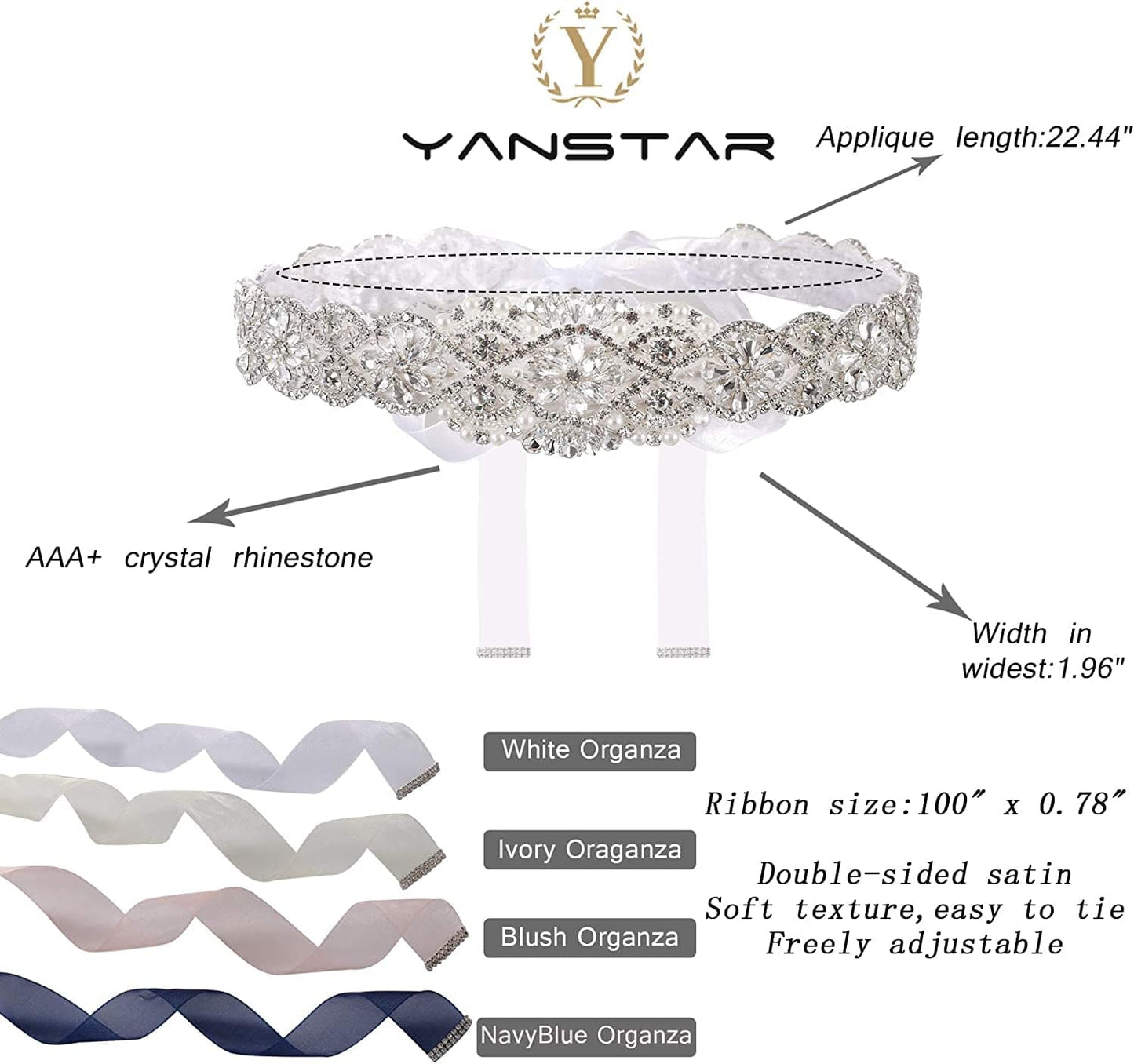 Yanstar Bridal Belt Hand Rhinestone Wedding Belt Clear Crystal 22In Length with White Organza Ribbon for Wedding Dress Apparel & Accessories > Clothing Accessories > Belts yanstar   