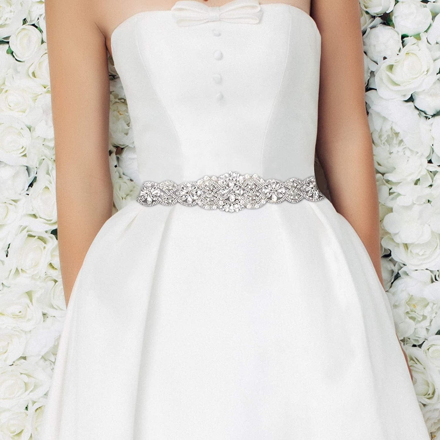 Yanstar Bridal Belt Hand Rhinestone Wedding Belt Clear Crystal 22In Length with White Organza Ribbon for Wedding Dress Apparel & Accessories > Clothing Accessories > Belts yanstar   