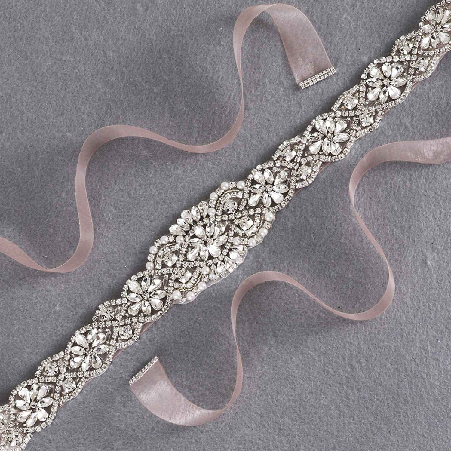 Yanstar Bridal Belt Hand Rhinestone Wedding Belt Clear Crystal 22In Length with White Organza Ribbon for Wedding Dress Apparel & Accessories > Clothing Accessories > Belts yanstar   