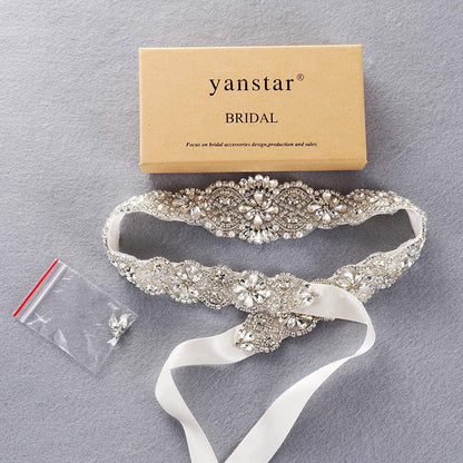 Yanstar Bridal Belt Hand Rhinestone Wedding Belt Clear Crystal 22In Length with White Organza Ribbon for Wedding Dress Apparel & Accessories > Clothing Accessories > Belts yanstar   