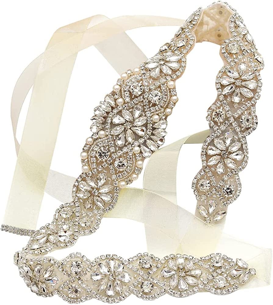 Yanstar Bridal Belt Hand Rhinestone Wedding Belt Clear Crystal 22In Length with White Organza Ribbon for Wedding Dress Apparel & Accessories > Clothing Accessories > Belts yanstar Silver,ivory Organza  