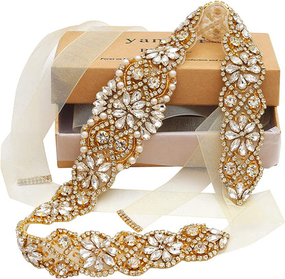 Yanstar Bridal Belt Hand Rhinestone Wedding Belt Clear Crystal 22In Length with White Organza Ribbon for Wedding Dress Apparel & Accessories > Clothing Accessories > Belts yanstar Gold,ivory Organza  