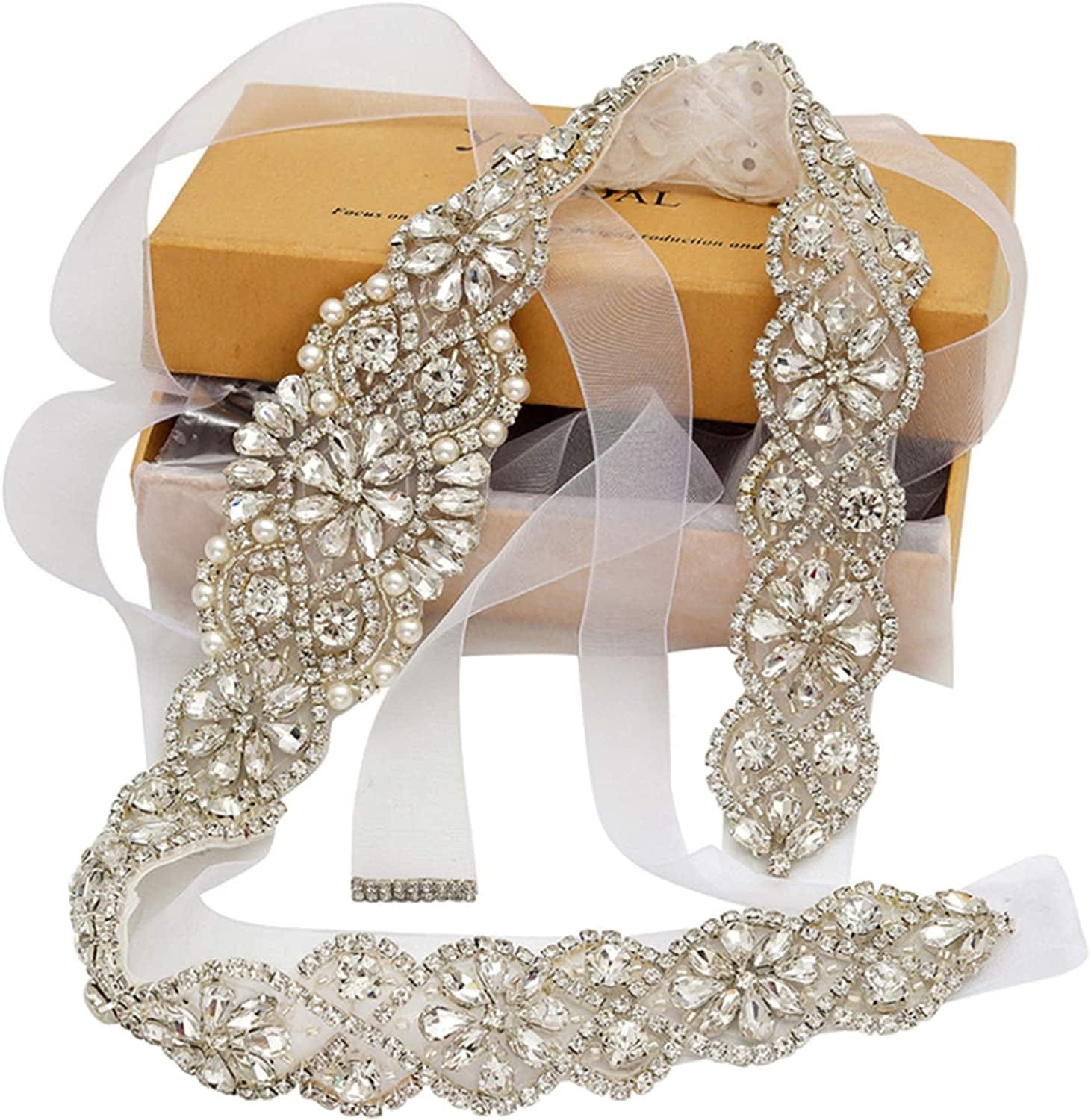 Yanstar Bridal Belt Hand Rhinestone Wedding Belt Clear Crystal 22In Length with White Organza Ribbon for Wedding Dress Apparel & Accessories > Clothing Accessories > Belts yanstar Silver,white Organza  