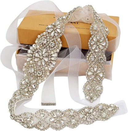 Yanstar Bridal Belt Hand Rhinestone Wedding Belt Clear Crystal 22In Length with White Organza Ribbon for Wedding Dress Apparel & Accessories > Clothing Accessories > Belts yanstar Silver,white Organza  