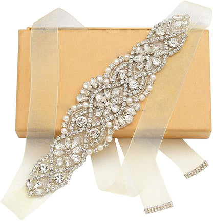 Yanstar Handmade Bridal Belt Wedding Belts Sashes Rhinestone Crystal Beads Belt for Bridal Gowns Apparel & Accessories > Clothing Accessories > Belts yanstar Silver-ivory Organza  