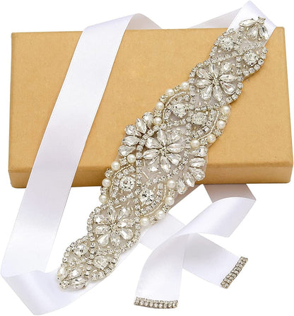 Yanstar Handmade Bridal Belt Wedding Belts Sashes Rhinestone Crystal Beads Belt for Bridal Gowns Apparel & Accessories > Clothing Accessories > Belts yanstar White Silver  