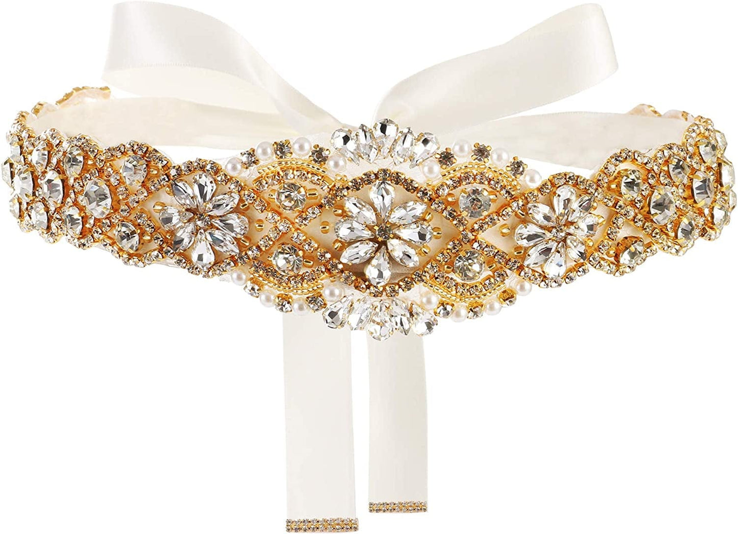 Yanstar Handmade Wedding Belt with Rhinestone Crystal Bridal Belt for Wedding Dress Apparel & Accessories > Clothing Accessories > Belts yanstar Gold-ivory  