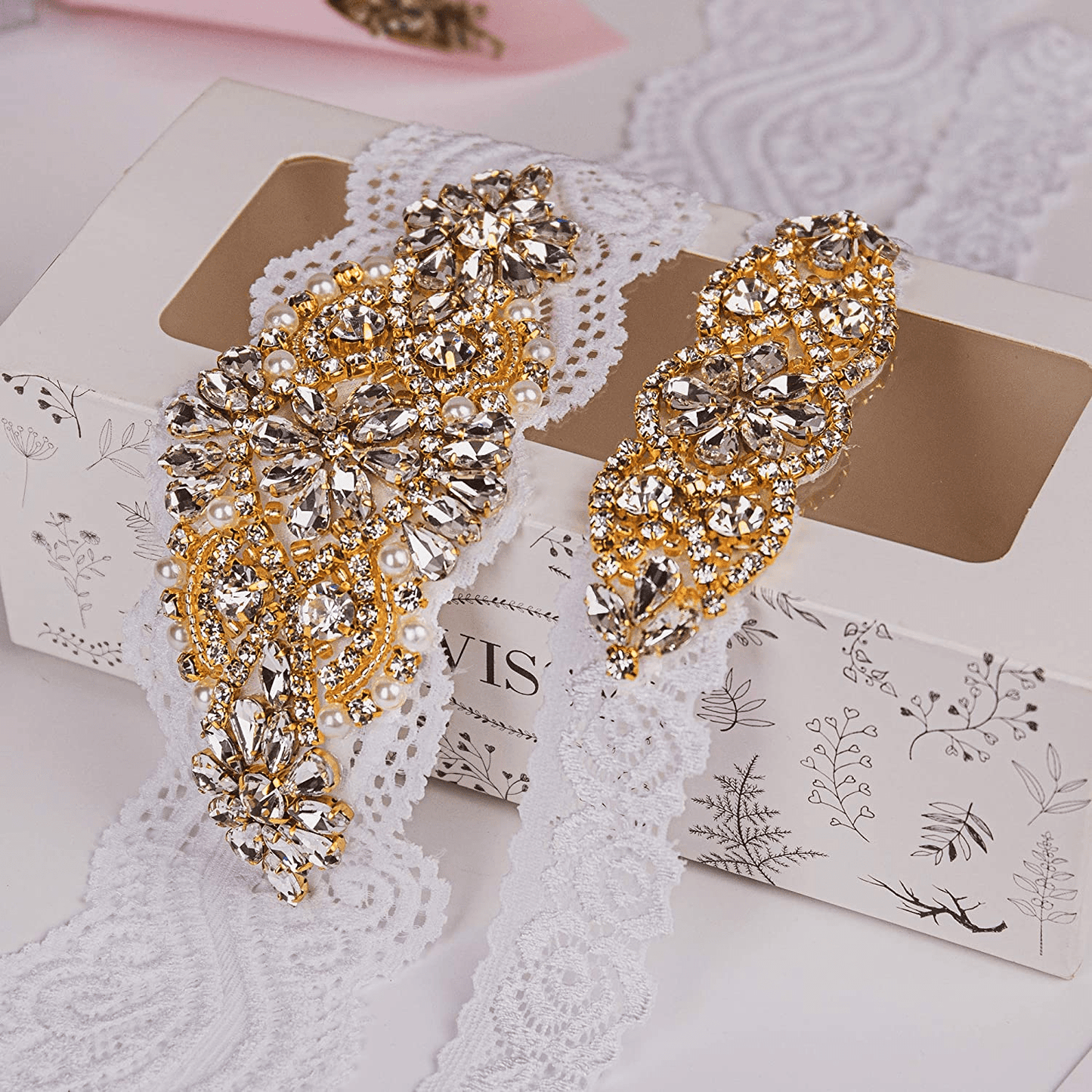 Yanstar Wedding Bridal Garter Stretch Lace Bridal Garter Sets with Rhinestones Clear Crystal Pearl for Wedding Apparel & Accessories > Clothing > Underwear & Socks > Lingerie yanstar   