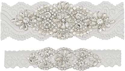 Yanstar Wedding Bridal Garter Stretch Lace Bridal Garter Sets with Rhinestones Clear Crystal Pearl for Wedding Apparel & Accessories > Clothing > Underwear & Socks > Lingerie yanstar Silver-off White Small 