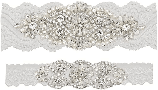 Yanstar Wedding Bridal Garter Stretch Lace Bridal Garter Sets with Rhinestones Clear Crystal Pearl for Wedding Apparel & Accessories > Clothing > Underwear & Socks > Lingerie yanstar Silver-off White Small 