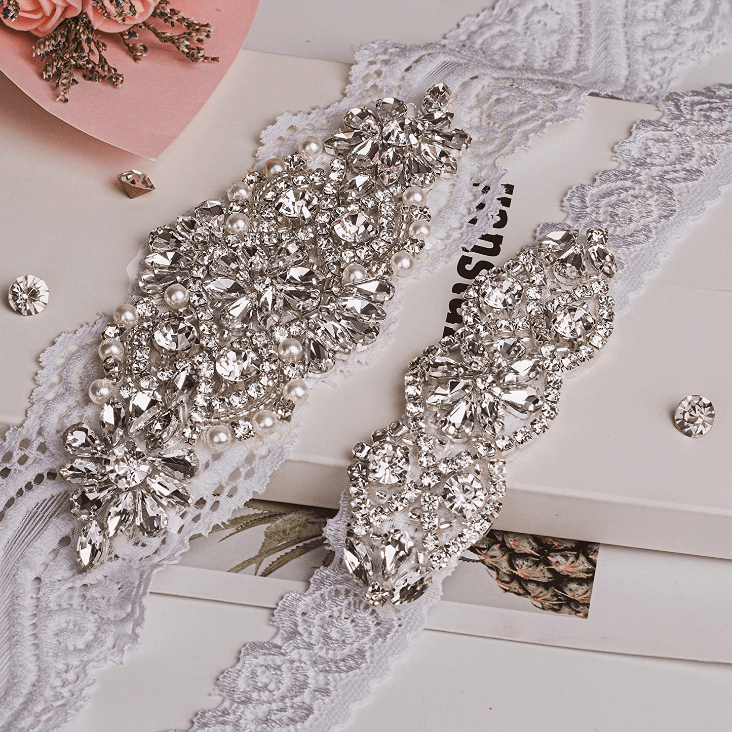 Yanstar Wedding Bridal Garter Stretch Lace Bridal Garter Sets with Rhinestones Clear Crystal Pearl for Wedding Apparel & Accessories > Clothing > Underwear & Socks > Lingerie yanstar   