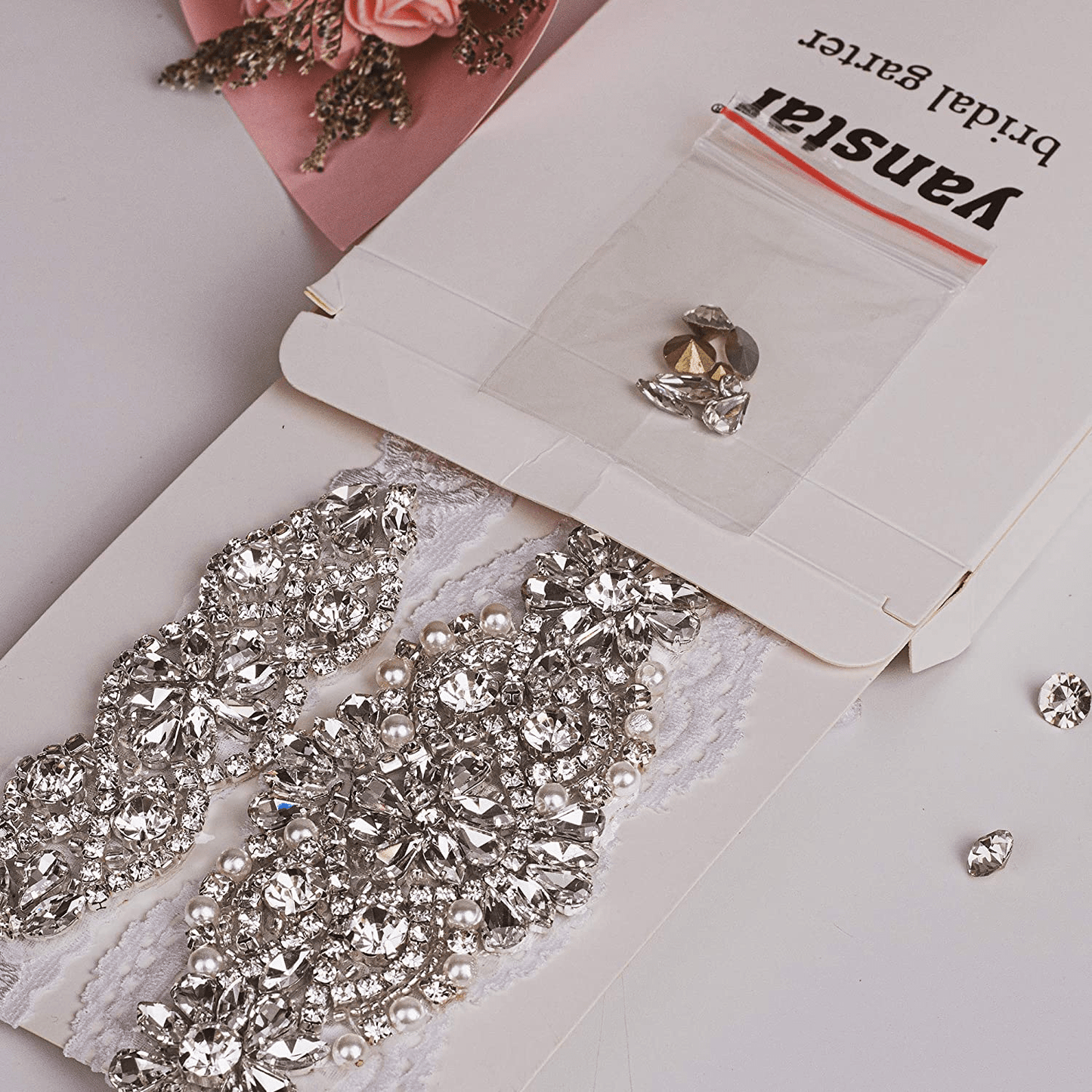 Yanstar Wedding Bridal Garter Stretch Lace Bridal Garter Sets with Rhinestones Clear Crystal Pearl for Wedding Apparel & Accessories > Clothing > Underwear & Socks > Lingerie yanstar   