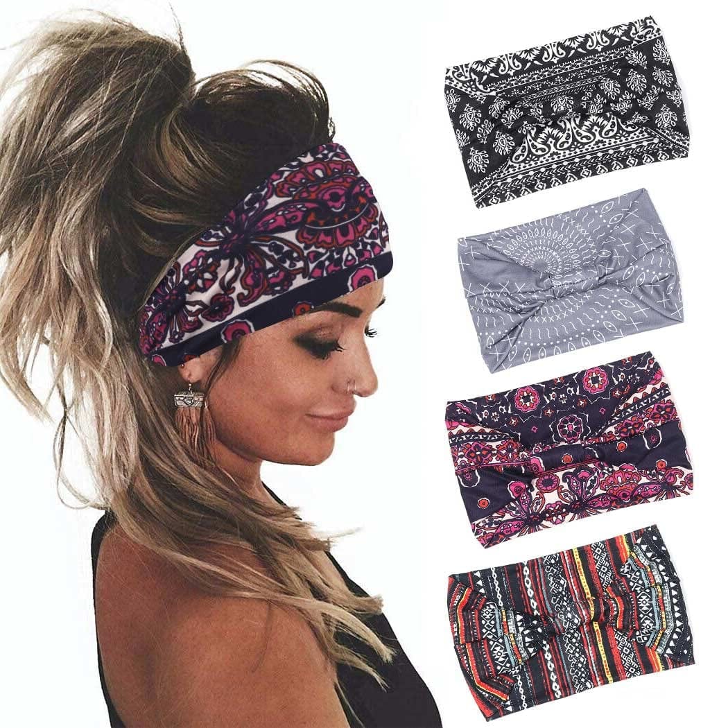 Yean Boho Wide Headbands Black Stretch Hair Bands Elastic Turbans Stylish Head Wraps for Women and Girls (Pack of 4) (Boho) Apparel & Accessories > Clothing Accessories > Bandanas & Headties Headband-1 Set 3  