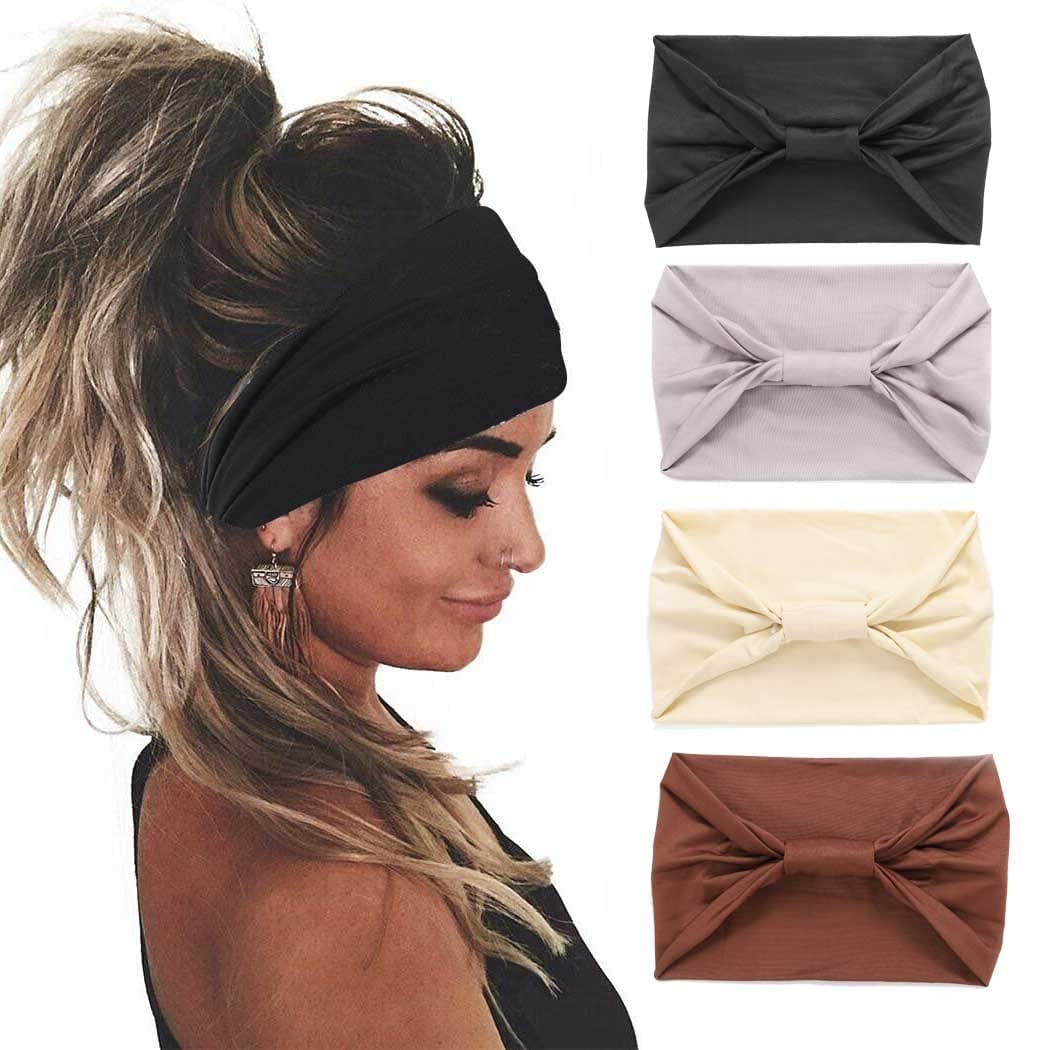 Yean Boho Wide Headbands Black Stretch Hair Bands Elastic Turbans Stylish Head Wraps for Women and Girls (Pack of 4) (Boho) Apparel & Accessories > Clothing Accessories > Bandanas & Headties Headband-1 Simple  