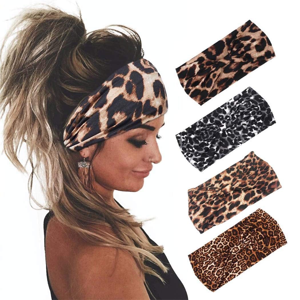 Yean Boho Wide Headbands Black Stretch Hair Bands Elastic Turbans Stylish Head Wraps for Women and Girls (Pack of 4) (Boho) Apparel & Accessories > Clothing Accessories > Bandanas & Headties Headband-1 Leopard pattern  