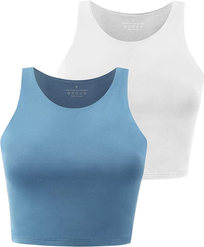 Yeawinta Workout Crop Tops for Women Cropped Racerback Halter Neck Shirts Sleeveless Yoga Tops Pack 2 Pack White/Blue / Large