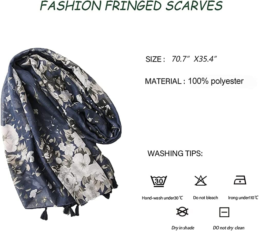 Yeieeo Boho Scarf for Women Lightweight Floral Printed Scarf Fall Winter Fashion Fringed Shawl Apparel & Accessories > Clothing Accessories > Scarves & Shawls Yeieeo   