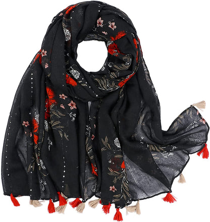 Yeieeo Boho Scarf for Women Lightweight Floral Printed Scarf Fall Winter Fashion Fringed Shawl Apparel & Accessories > Clothing Accessories > Scarves & Shawls Yeieeo Floral 17  