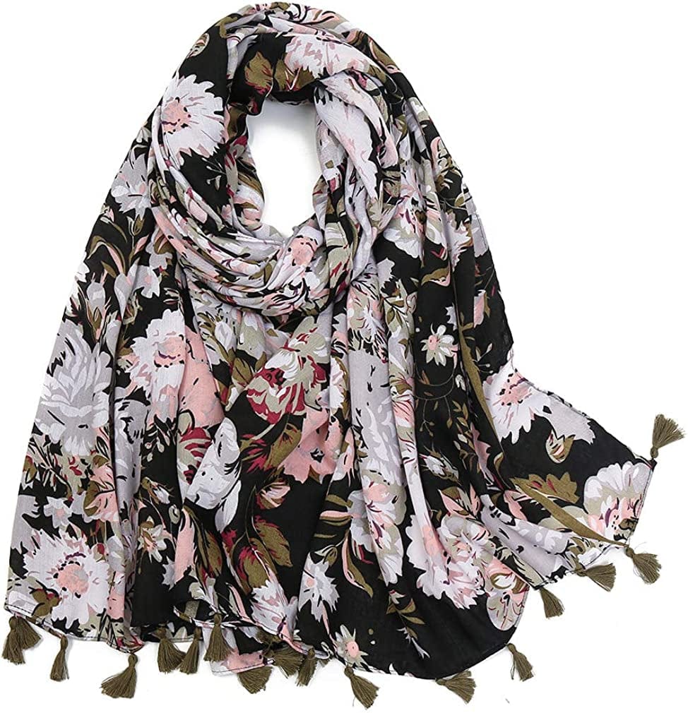 Yeieeo Boho Scarf for Women Lightweight Floral Printed Scarf Fall Winter Fashion Fringed Shawl Apparel & Accessories > Clothing Accessories > Scarves & Shawls Yeieeo Floral 9  
