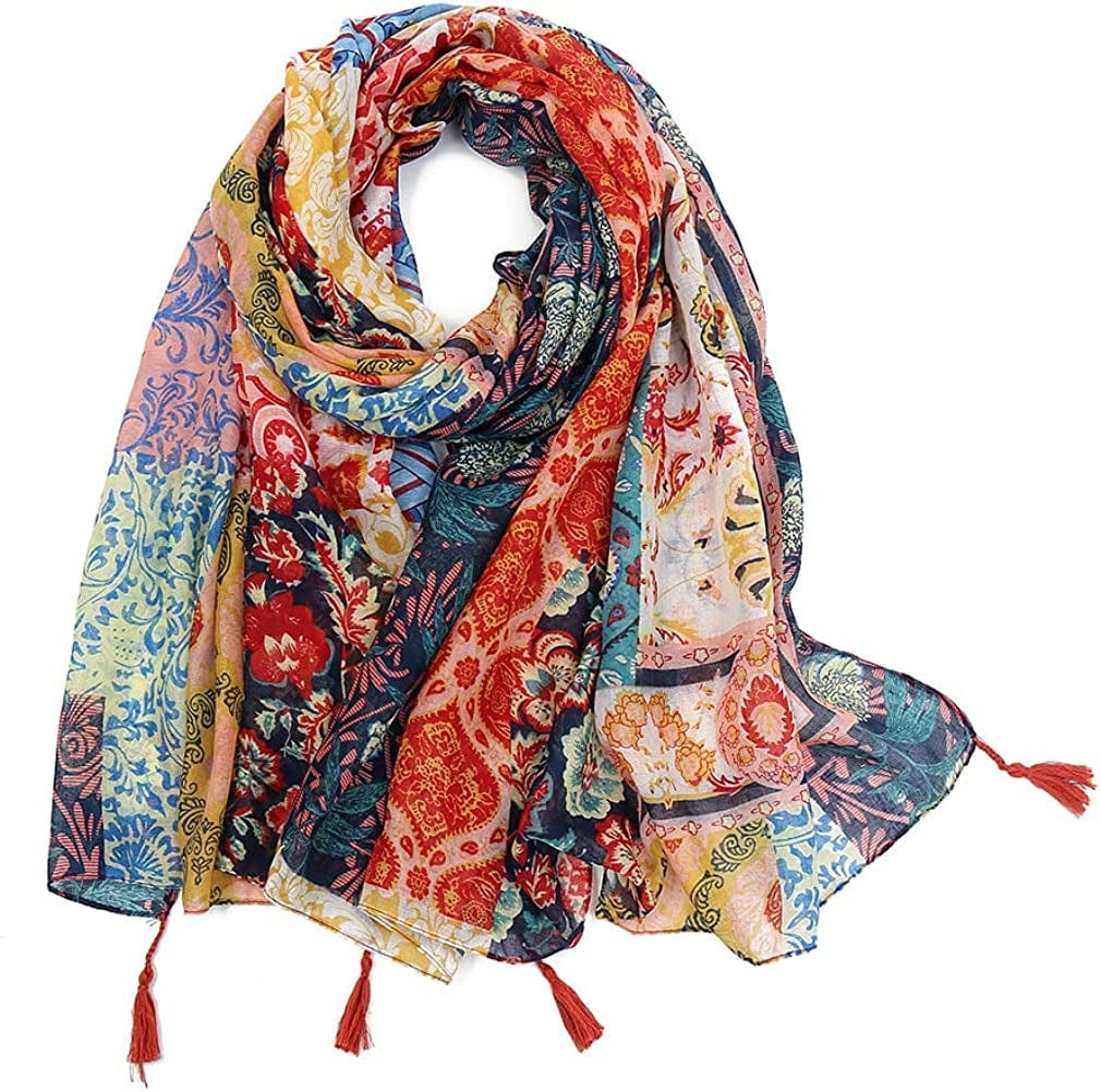 Yeieeo Boho Scarf for Women Lightweight Floral Printed Scarf Fall Winter Fashion Fringed Shawl Apparel & Accessories > Clothing Accessories > Scarves & Shawls Yeieeo Floral 6  