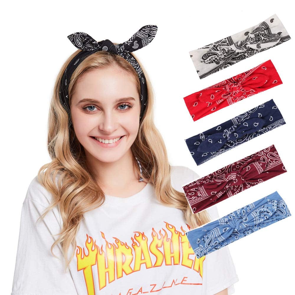 Yeshan Boho Bow Headbands for Women Vintage Paisley Bandana Flower Printed Hairband Elastic Rabbit Ear Head Wrap Cute Hair Accessories,Pack of 6 Apparel & Accessories > Clothing Accessories > Bandanas & Headties Yeshan   