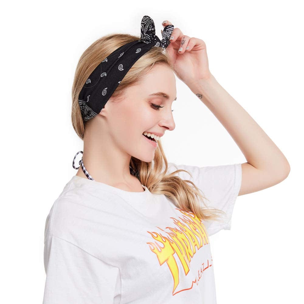 Yeshan Boho Bow Headbands for Women Vintage Paisley Bandana Flower Printed Hairband Elastic Rabbit Ear Head Wrap Cute Hair Accessories,Pack of 6 Apparel & Accessories > Clothing Accessories > Bandanas & Headties Yeshan   