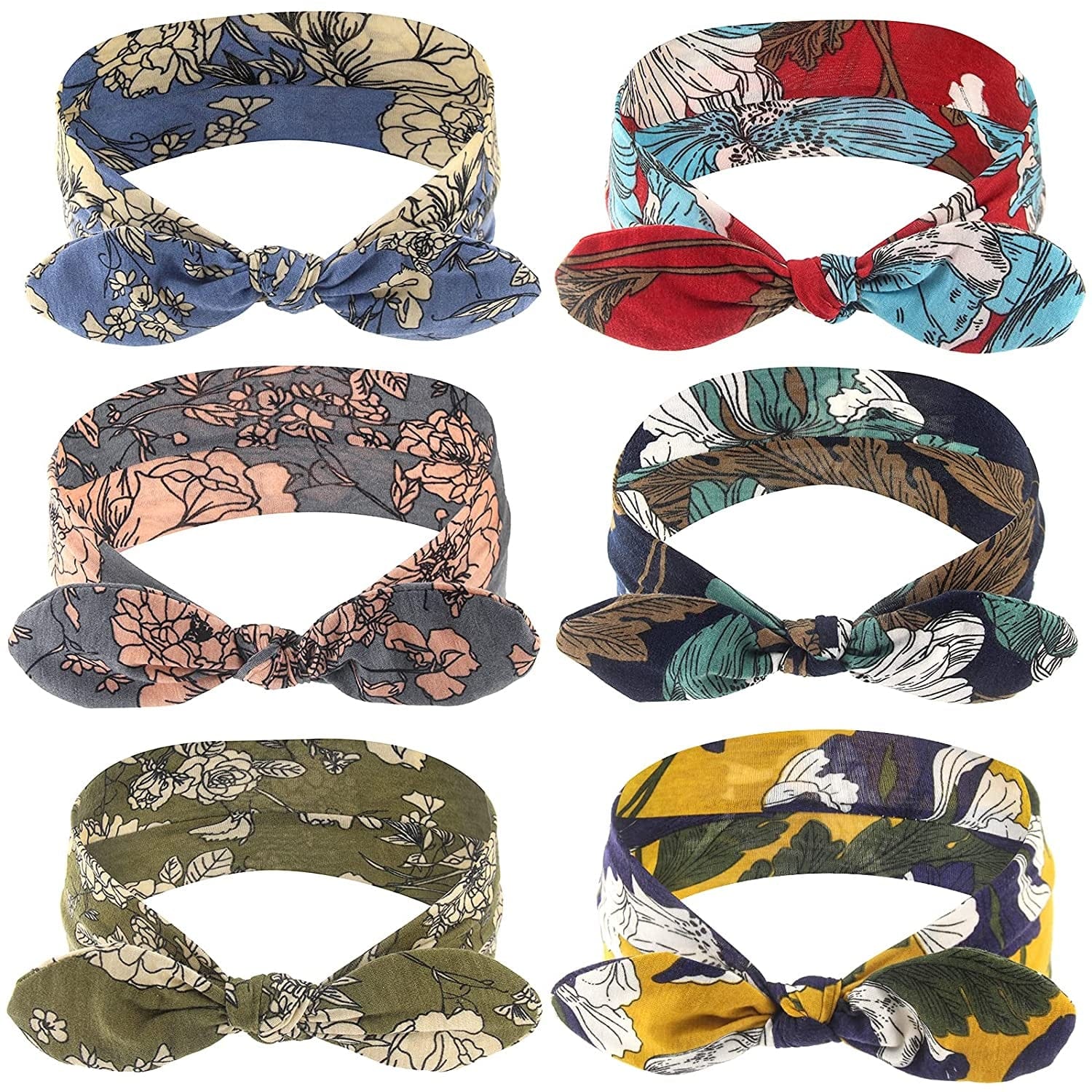 Yeshan Boho Bow Headbands for Women Vintage Paisley Bandana Flower Printed Hairband Elastic Rabbit Ear Head Wrap Cute Hair Accessories,Pack of 6 Apparel & Accessories > Clothing Accessories > Bandanas & Headties Yeshan No6(flowers 6 pcs)  
