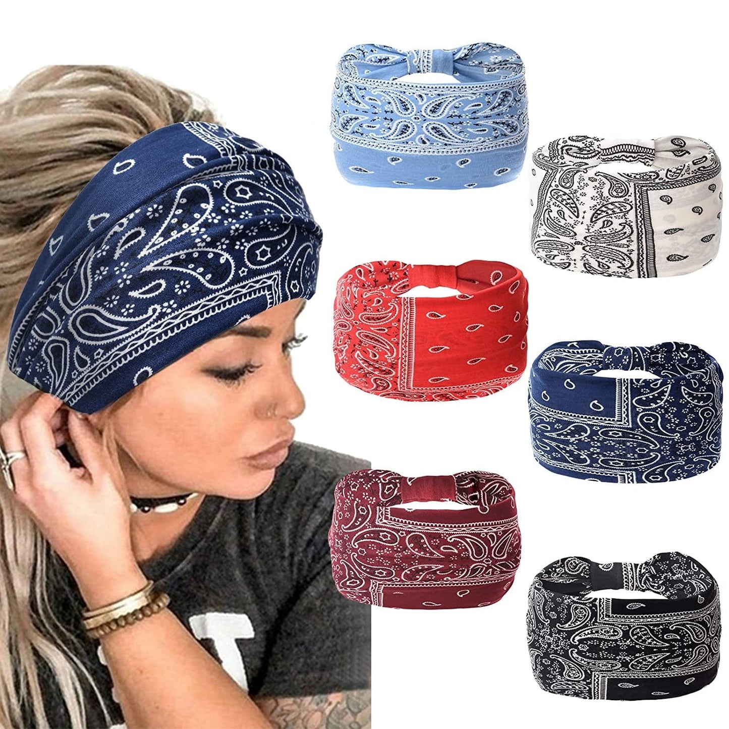 Yeshan Wide Bandana Headbands for Women Boho Bandeau Headbands Knot Hair Scarf Bands Stretch Floral Printed Non Slip Headbands Elastic Turban Head Wraps Thick African Headbands,Pack of 6 Apparel & Accessories > Clothing Accessories > Bandanas & Headties Yeshan No10(new paisley colors 6 pcs)  