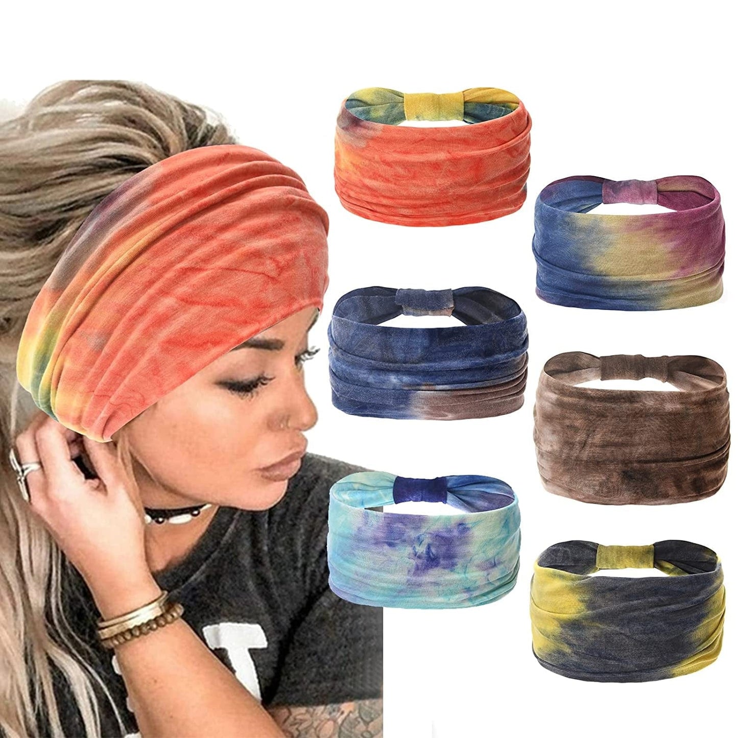 Yeshan Wide Bandana Headbands for Women Boho Bandeau Headbands Knot Hair Scarf Bands Stretch Floral Printed Non Slip Headbands Elastic Turban Head Wraps Thick African Headbands,Pack of 6 Apparel & Accessories > Clothing Accessories > Bandanas & Headties Yeshan No8(new tie dye colors 6 pcs)  