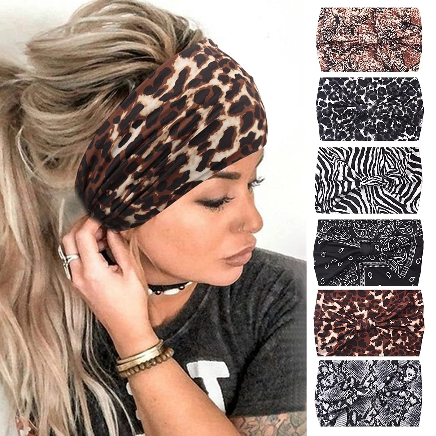 Yeshan Wide Bandana Headbands for Women Boho Bandeau Headbands Knot Hair Scarf Bands Stretch Floral Printed Non Slip Headbands Elastic Turban Head Wraps Thick African Headbands,Pack of 6 Apparel & Accessories > Clothing Accessories > Bandanas & Headties Yeshan No6(Leopard colors 6 pcs)  