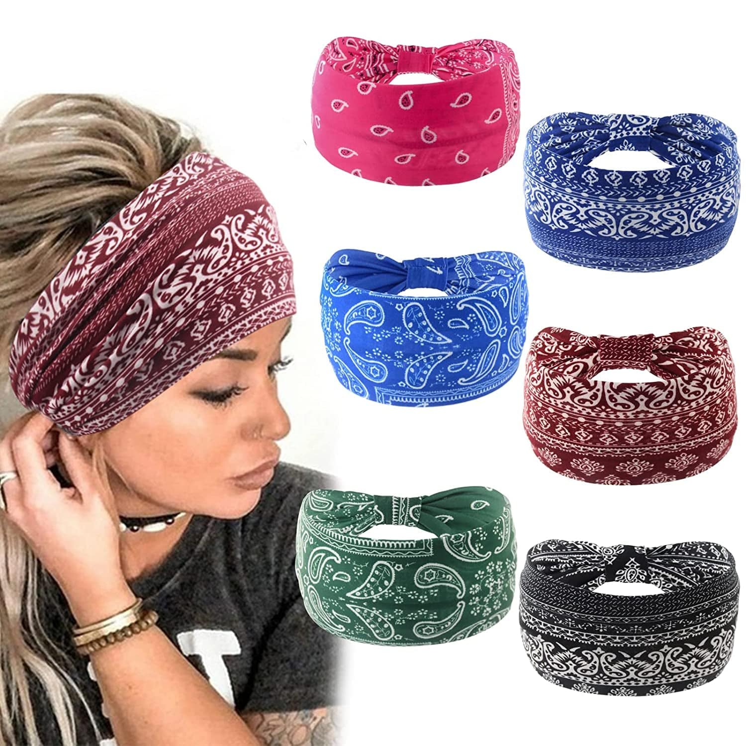 Yeshan Wide Bandana Headbands for Women Boho Bandeau Headbands Knot Hair Scarf Bands Stretch Floral Printed Non Slip Headbands Elastic Turban Head Wraps Thick African Headbands,Pack of 6 Apparel & Accessories > Clothing Accessories > Bandanas & Headties Yeshan No2(paisley 6 pcs)  