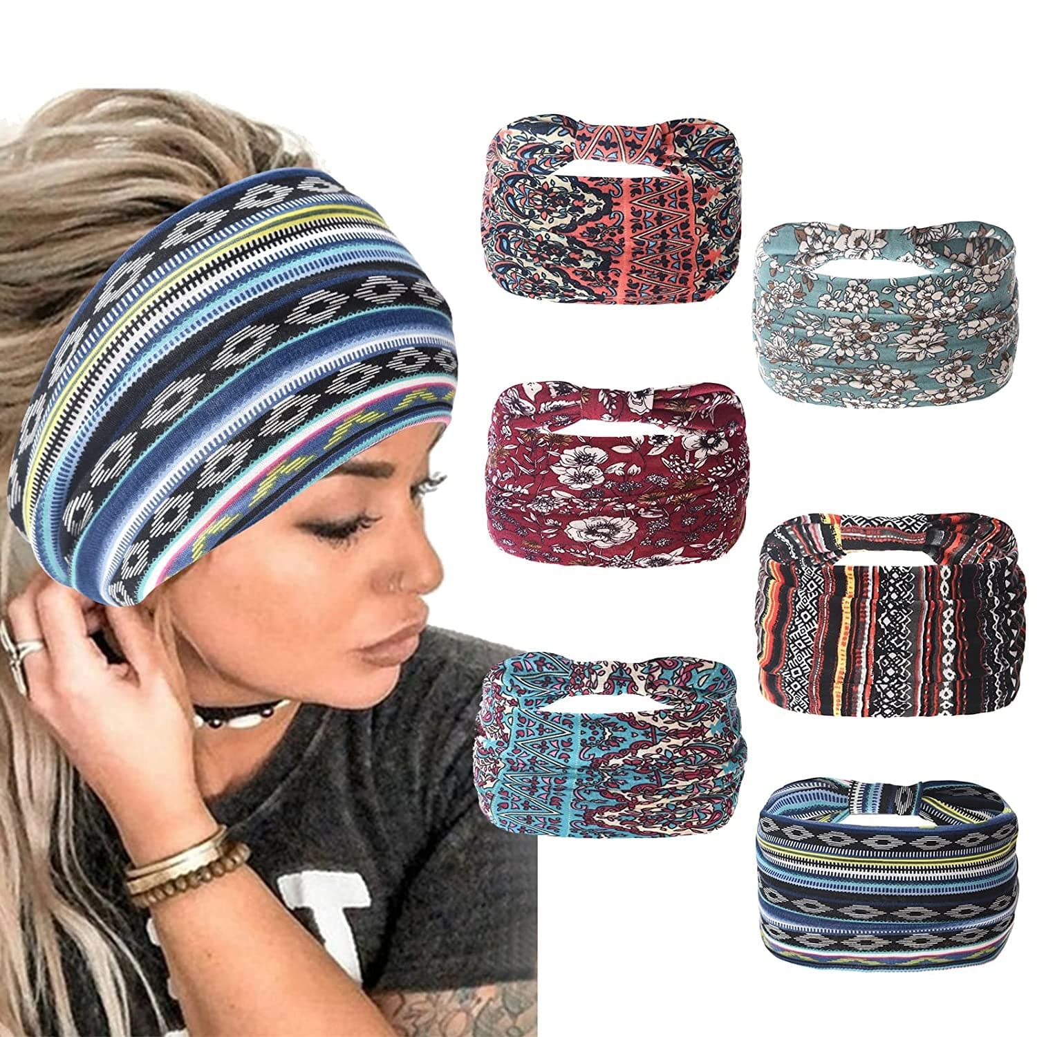 Yeshan Wide Bandana Headbands for Women Boho Bandeau Headbands Knot Hair Scarf Bands Stretch Floral Printed Non Slip Headbands Elastic Turban Head Wraps Thick African Headbands,Pack of 6 Apparel & Accessories > Clothing Accessories > Bandanas & Headties Yeshan No9(new flower colors 6 pcs)  