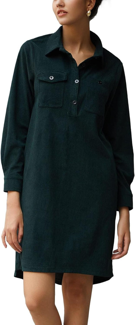 YEXPINE Women'S Tunic Dress Long Sleeve Casual Button down Corduroy Shirt Dress with Pockets