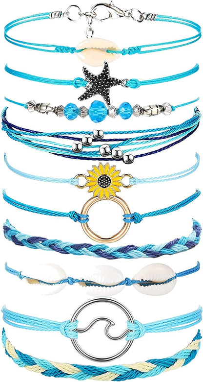 Yfstyle 12Pcs Summer Beach Surfer Wave Bracelets Adjustable Handmade Waterproof Braided String Beaded Anklets Starfish Turtle Infinity Ankle Bracelet for Women Girls Boho Jewelry for Summer-B Apparel & Accessories > Jewelry > Anklets yfstyle blue ocean  