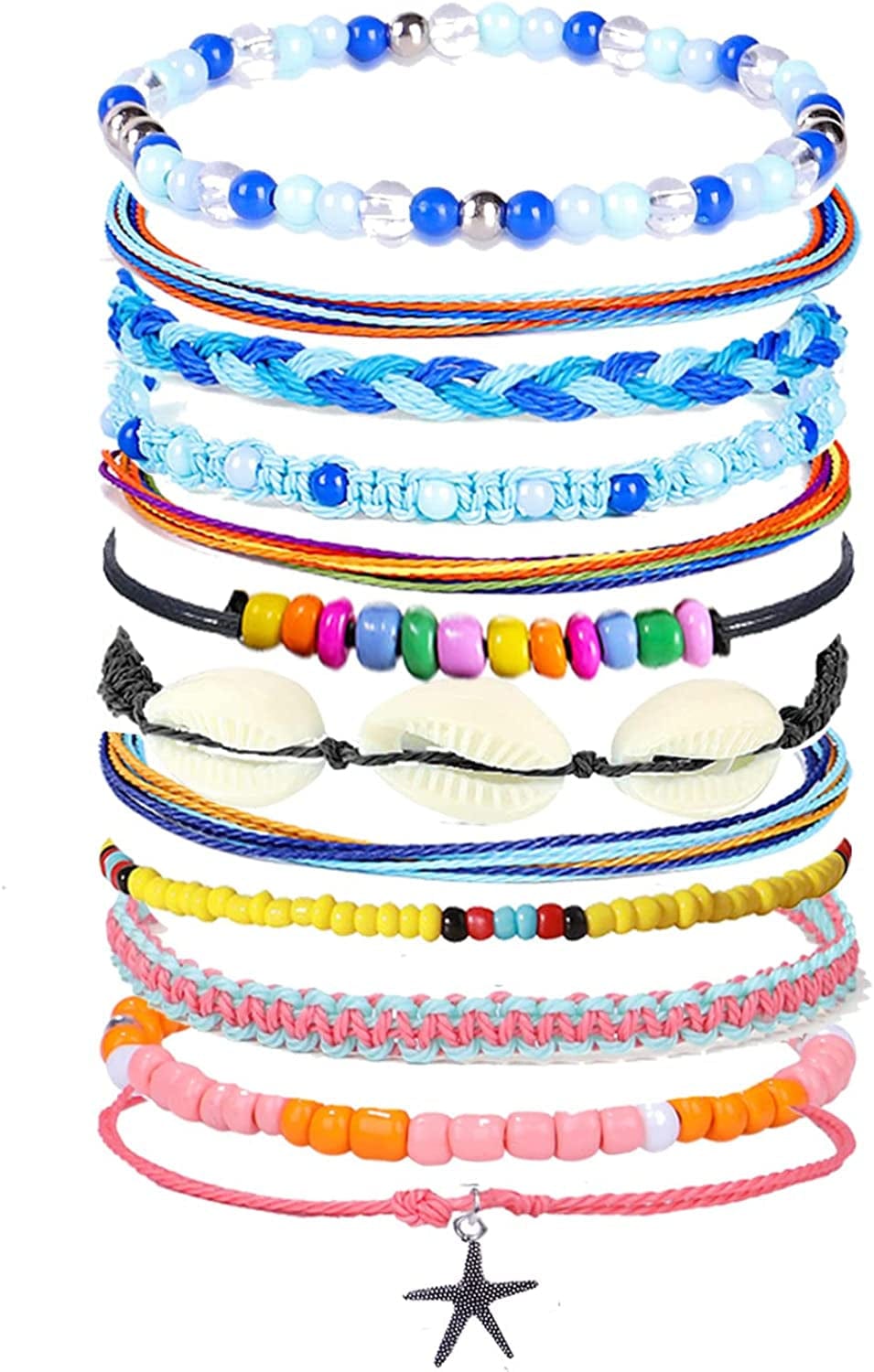 Yfstyle 12Pcs Summer Beach Surfer Wave Bracelets Adjustable Handmade Waterproof Braided String Beaded Anklets Starfish Turtle Infinity Ankle Bracelet for Women Girls Boho Jewelry for Summer-B Apparel & Accessories > Jewelry > Bracelets yfstyle D  