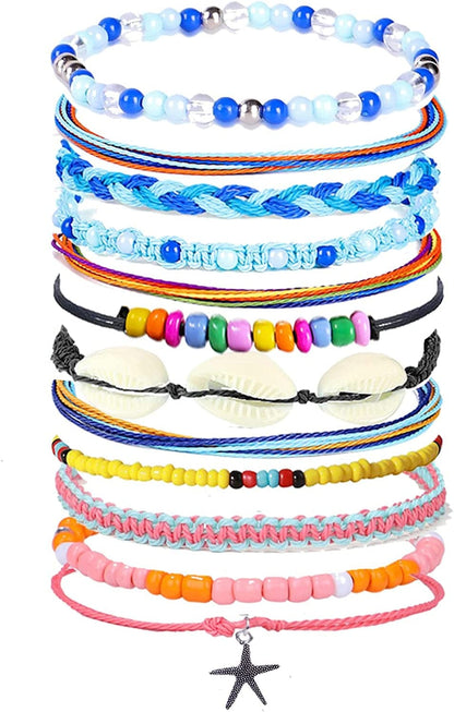 Yfstyle 12Pcs Summer Beach Surfer Wave Bracelets Adjustable Handmade Waterproof Braided String Beaded Anklets Starfish Turtle Infinity Ankle Bracelet for Women Girls Boho Jewelry for Summer-B Apparel & Accessories > Jewelry > Bracelets yfstyle D  