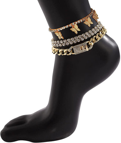 Yfstyle 3PCS Butterfly Ankle Bracelet for Women Girls Charms Butterfly Ankle Rhinestone Anklets Bulk Adjustable Layered Braided Chain Anklet for Summer Beach Apparel & Accessories > Jewelry > Anklets yfstyle   