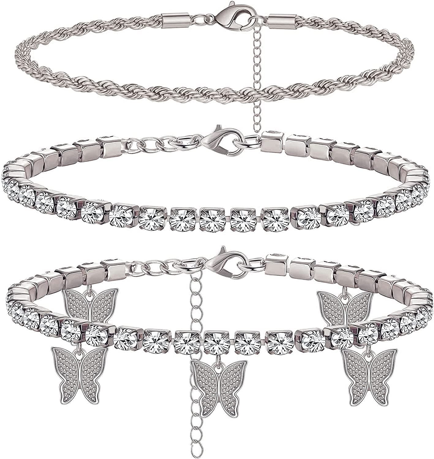 Yfstyle 3PCS Butterfly Ankle Bracelet for Women Girls Charms Butterfly Ankle Rhinestone Anklets Bulk Adjustable Layered Braided Chain Anklet for Summer Beach Apparel & Accessories > Jewelry > Anklets yfstyle silver  