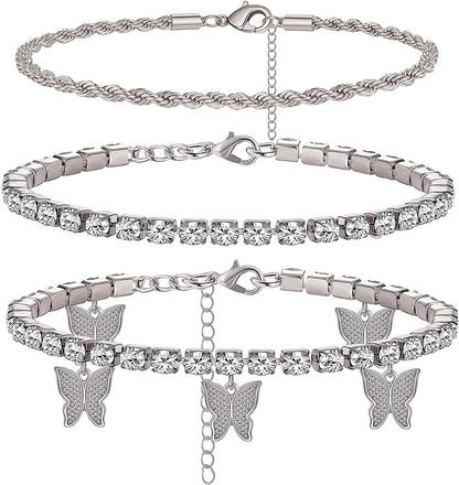 Yfstyle 3PCS Butterfly Ankle Bracelet for Women Girls Charms Butterfly Ankle Rhinestone Anklets Bulk Adjustable Layered Braided Chain Anklet for Summer Beach Apparel & Accessories > Jewelry > Anklets yfstyle silver  