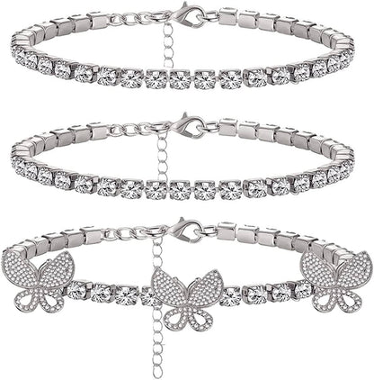 Yfstyle 3PCS Butterfly Ankle Bracelet for Women Girls Charms Butterfly Ankle Rhinestone Anklets Bulk Adjustable Layered Braided Chain Anklet for Summer Beach Apparel & Accessories > Jewelry > Anklets yfstyle 3 silver butterfly  