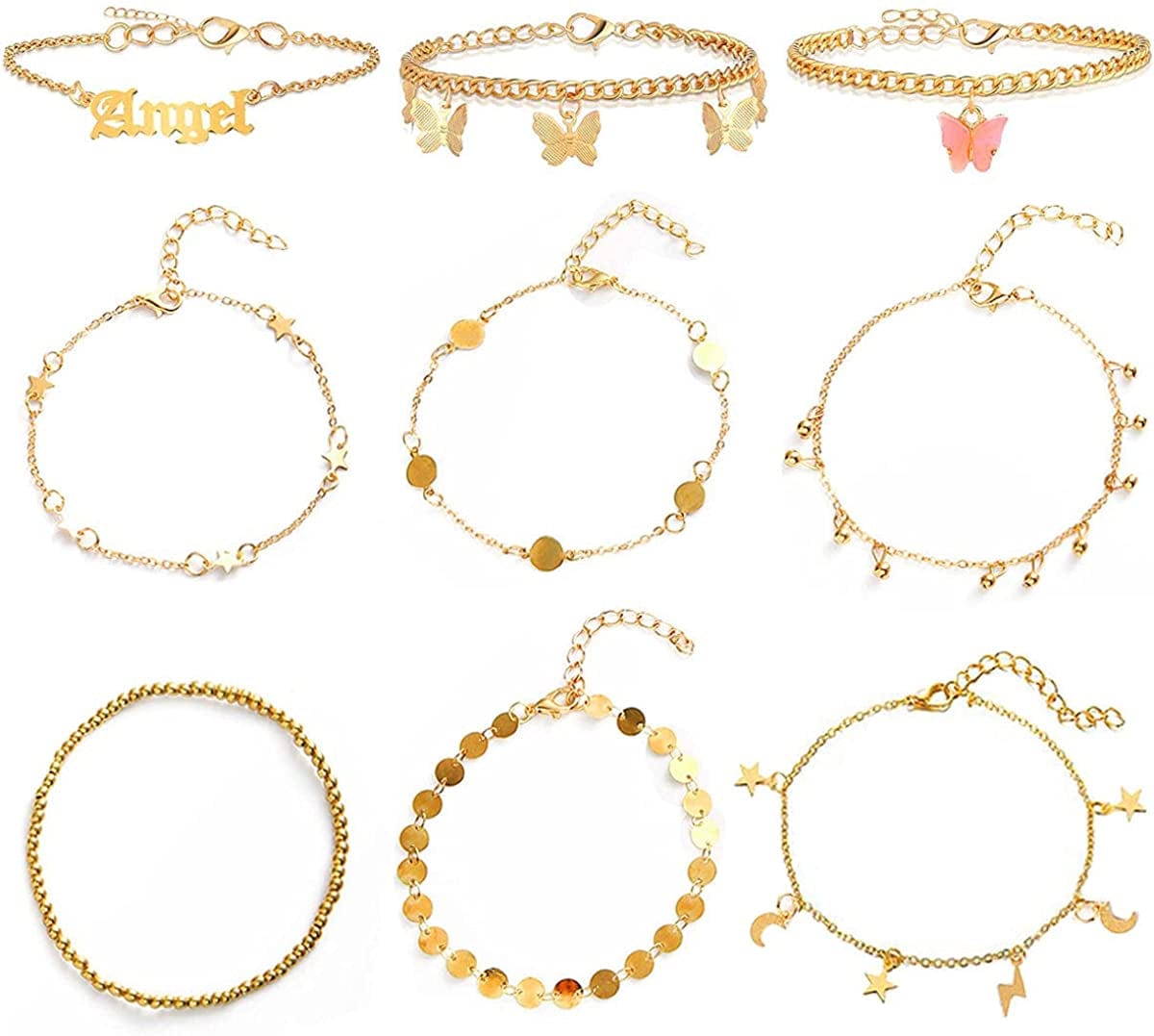 Yfstyle 3PCS Butterfly Ankle Bracelet for Women Girls Charms Butterfly Ankle Rhinestone Anklets Bulk Adjustable Layered Braided Chain Anklet for Summer Beach Apparel & Accessories > Jewelry > Anklets yfstyle 9PCS  