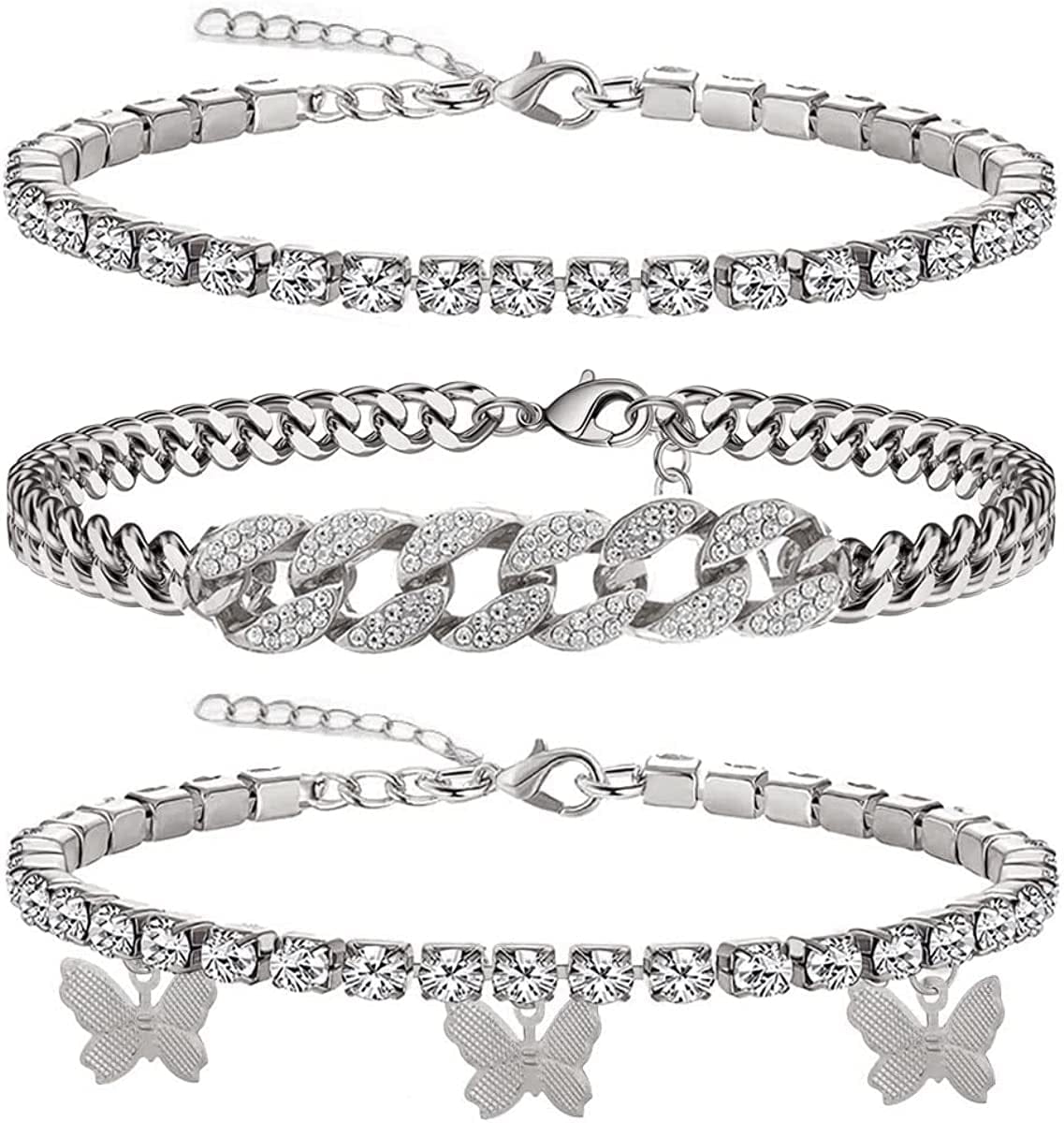 Yfstyle 3PCS Butterfly Ankle Bracelet for Women Girls Charms Butterfly Ankle Rhinestone Anklets Bulk Adjustable Layered Braided Chain Anklet for Summer Beach Apparel & Accessories > Jewelry > Anklets yfstyle 3 cuban silver  