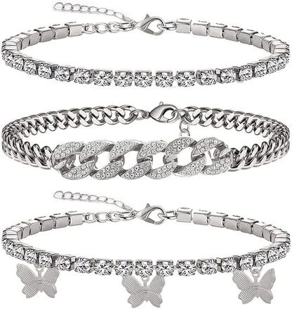 Yfstyle 3PCS Butterfly Ankle Bracelet for Women Girls Charms Butterfly Ankle Rhinestone Anklets Bulk Adjustable Layered Braided Chain Anklet for Summer Beach Apparel & Accessories > Jewelry > Anklets yfstyle 3 cuban silver  